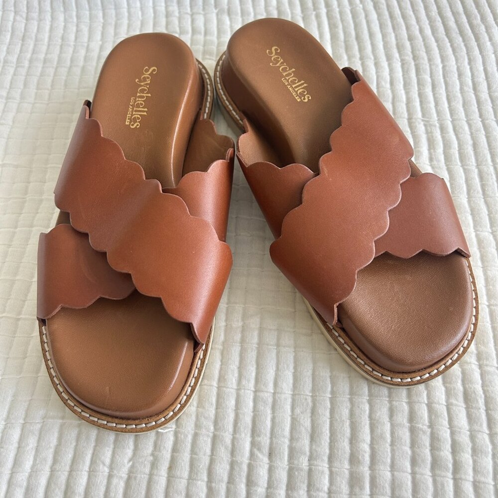 Seychelles Sandals Womens 6.5 Brown Leather Scallop Slide Flat Comfort Shoe